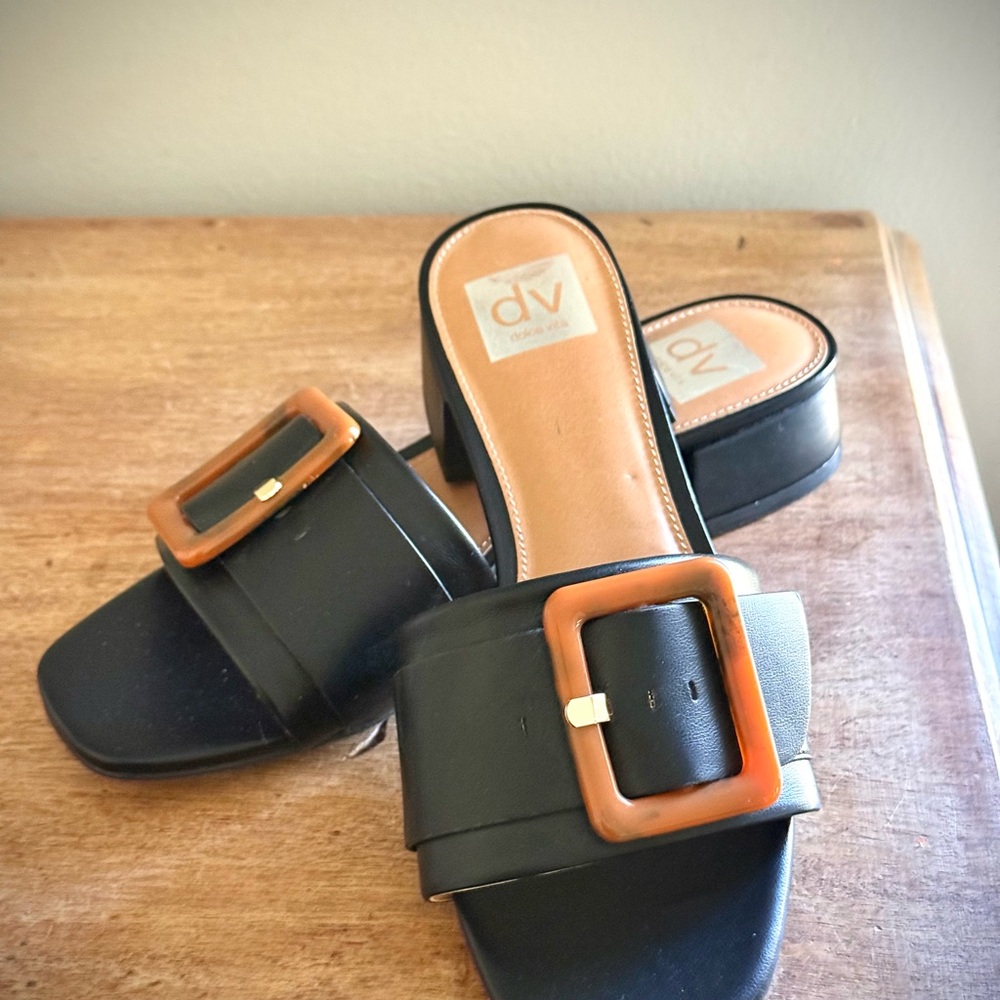 NEW Dolce Vita Black Slide Mules with Brown Buckle - Picture 3 of 6